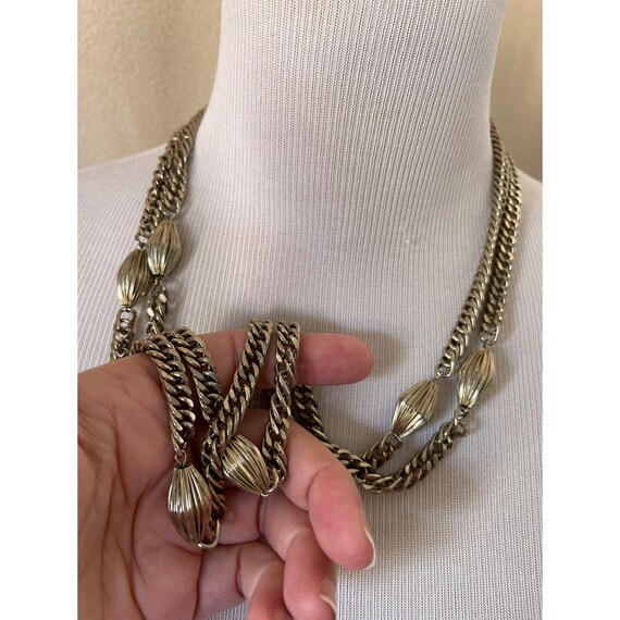 Vintage Extra Long Silver Tone Bead Chain Link Ne… - image 3