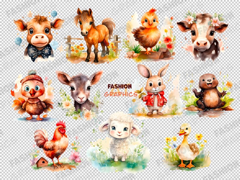Cute FARM ANIMALS PNG Clipart Bundle, Watercolor Style. Ideal for ...