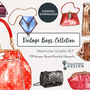 VINTAGE TASCHEN Aquarell Cliparts Set. PNG Illustrationen handgemalt. Sofortiger Download für kommerzielle Nutzung oder Logo-Designs.