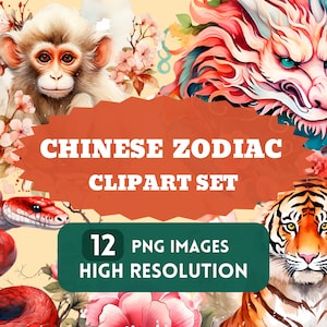CHINESE ZODIAC PNG Clipart-Set, Aquarell-Stil. Ideal für Sublimation, Pod, Aufkleber, Karten, Scrapbook, transparenter Hintergrund