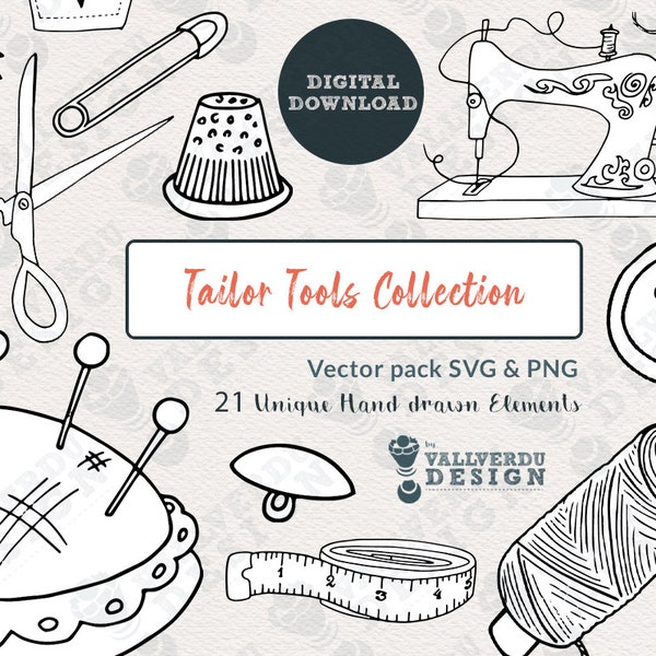 Vector Tailor and sewing tools illustrations clipart. SVG and PNG files. Commercial use, logo designs and packaging. Black and white.