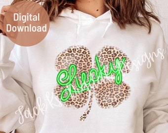 Lucky Leopard Png, Feeling Lucky Png, St. Patrick’s Day, Neon Png, Sublimation Download