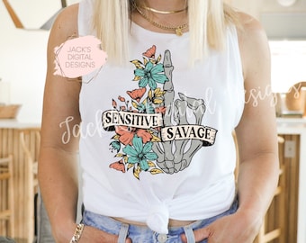 Sensitive Savage png, bloemschedel png, motiverende png, skeletontwerp, png voor shirts png voor stickers