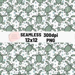 May include: Seamless pattern featuring green sea turtles swimming in a white background with blue bubbles. The pattern is 12x12 inches and 300 dpi.