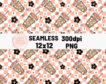 Checkered Seamless Pattern, Iced Coffee Png, Loves Coffee Hates People Png, Transparent Png, Repeating Pattern, Retro Seamless Pattern