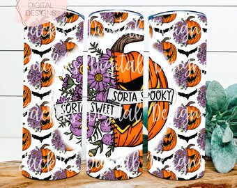 Sorta Sweet Sorta Spooky Seamless Tumbler Wrap, Floral Pumpkin Png, 20 oz Tumbler Wrap, Halloween Tumbler Wrap, Spooky Tumbler
