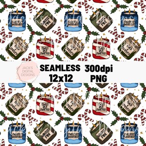 May include: A seamless pattern featuring various Christmas-themed candles with different scents and labels. The candles are illustrated in a cartoon style with red, green, and white colours. The background is white with gold stars and red and white candy canes.