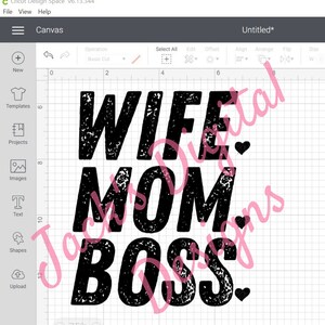May include: Black and white distressed text design that reads "Wife Mom Boss" with small hearts.