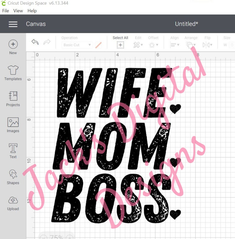 May include: Black and white distressed text design that reads "Wife Mom Boss" with small hearts.