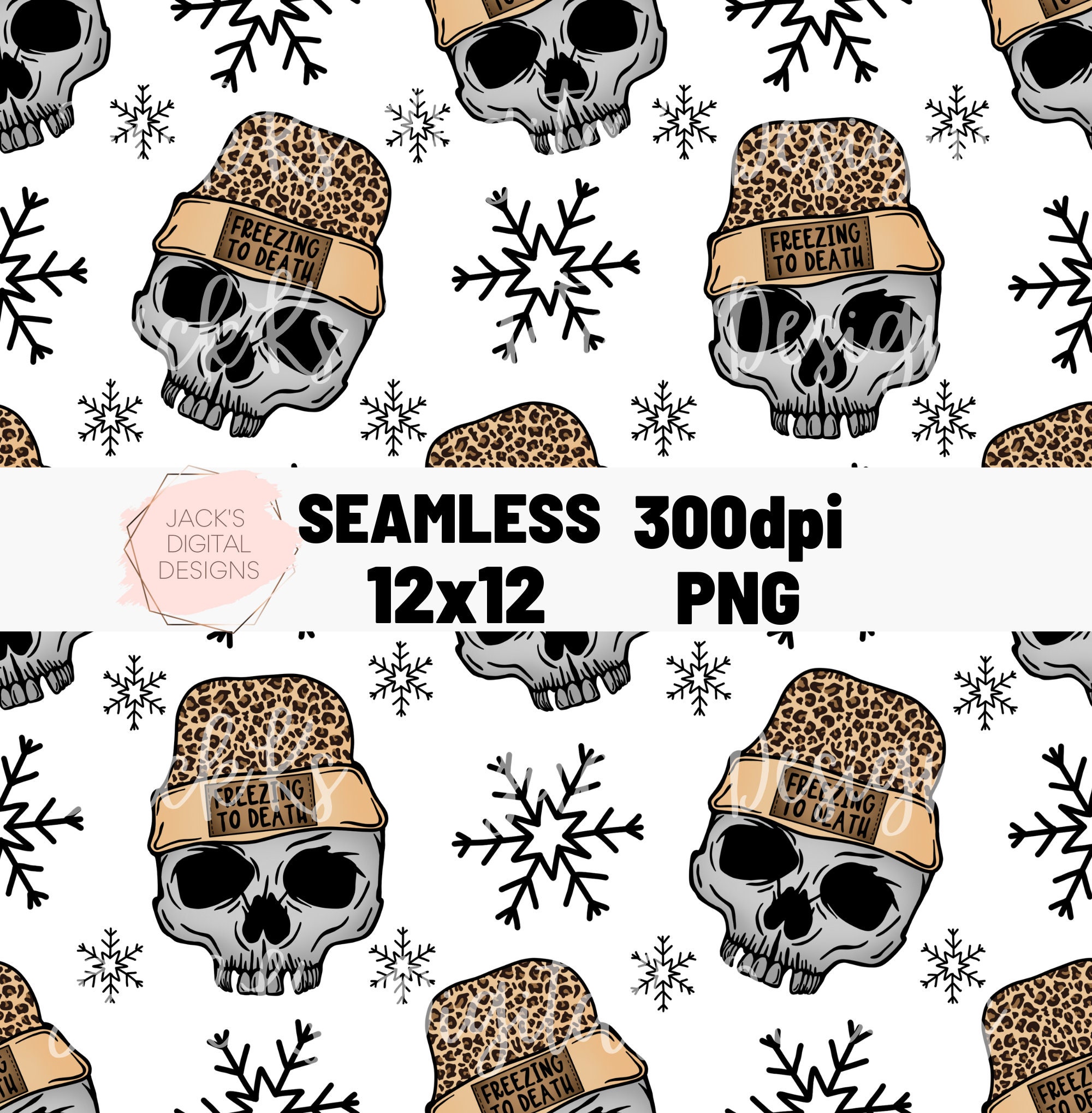 Freezing To Death Seamless Pattern, Leopard Skull Png, Christmas Pattern, Christmas Digital Paper, Commercial Use, Skull Seamless Pattern