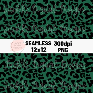 May include: Seamless digital paper pattern featuring a green background with black leopard print spots. The text "SEAMLESS 300dpi 12x12 PNG" is displayed on a white banner.