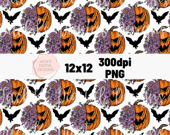 Floral Pumpkin Seamless Pattern, Spooky Season Repeating Pattern, Halloween Digital Paper, Commercial Use