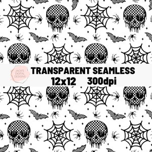 May include: A seamless pattern featuring black and white checkered skull designs, spiderwebs, bats, and spiders on a white background. The text "TRANSPARENT SEAMLESS 12x12 300dpi" is at the bottom of the image.