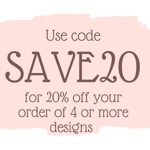 K&ouml;nnte beinhalten: Rosa Grafik mit dem Text "Code SAVE20 verwenden f&uuml;r 20% Rabatt auf deine Bestellung von 4 oder mehr Designs"