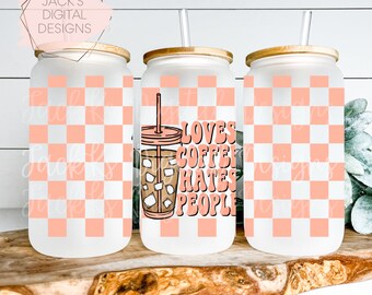 Loves Coffee Hates People Png, 16 oz Can Wrap, Iced Coffee Tumbler Design, Retro Cup Design, Transparent Png, Sublimation Tumbler Png