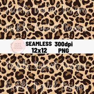 May include: Seamless leopard print pattern in brown, tan, and black. The pattern is 12x12 inches and 300 dpi. JACK'S DIGITAL DESIGNS is written in white text on a black rectangle.
