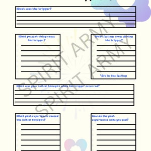 Pu&ograve; includere: Un foglio di lavoro stampabile con uno sfondo colorato e il titolo "TRIGGER Worksheet". Il foglio di lavoro &egrave; diviso in sezioni con prompt per identificare ed elaborare i trigger. I prompt includono "Qual &egrave; stato il trigger?", "Cosa presente ha causato il trigger?", "Quali sentimenti sono emersi durante il trigger?", "Qual &egrave; stato il tuo pensiero iniziale quando si &egrave; verificato il trigger?", "Quali esperienze passate hanno causato il pensiero iniziale?", e "Come ti fanno sentire le esperienze passate?"