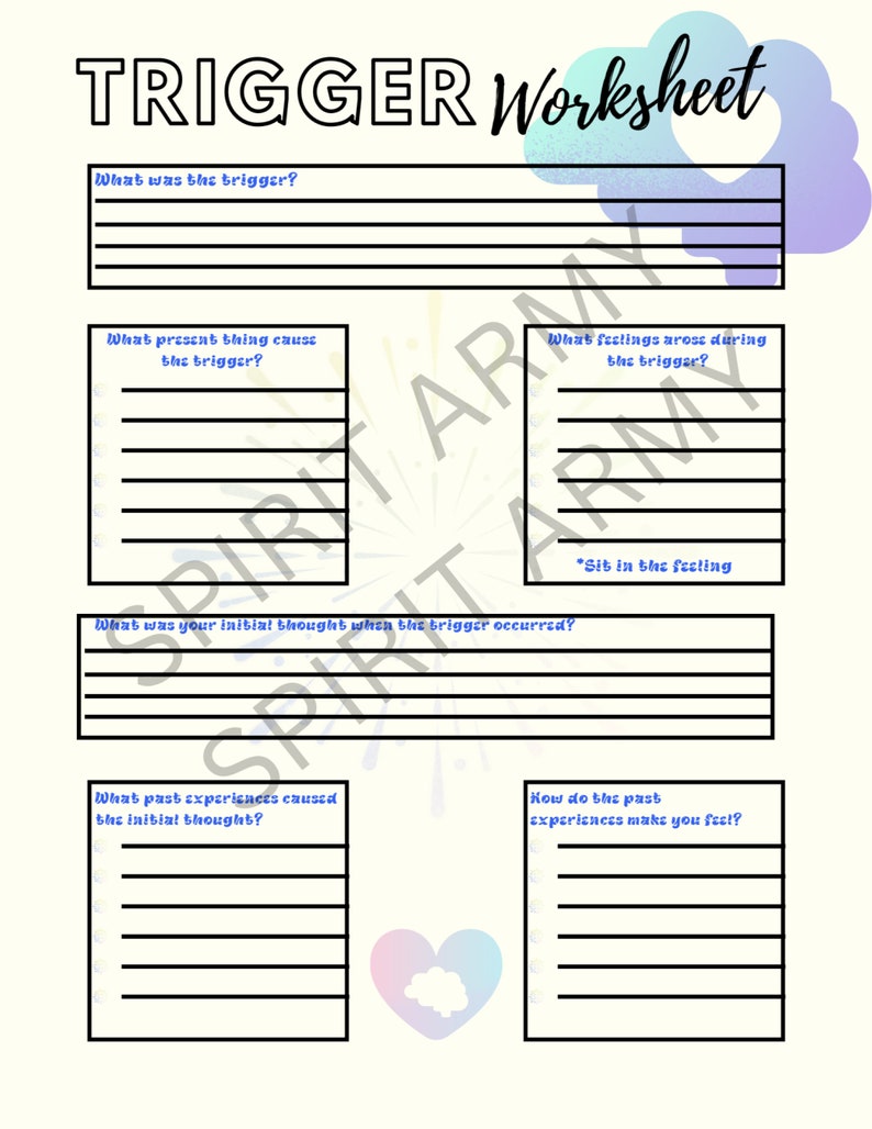 Pu&ograve; includere: Un foglio di lavoro stampabile con uno sfondo colorato e il titolo "TRIGGER Worksheet". Il foglio di lavoro &egrave; diviso in sezioni con prompt per identificare ed elaborare i trigger. I prompt includono "Qual &egrave; stato il trigger?", "Cosa presente ha causato il trigger?", "Quali sentimenti sono emersi durante il trigger?", "Qual &egrave; stato il tuo pensiero iniziale quando si &egrave; verificato il trigger?", "Quali esperienze passate hanno causato il pensiero iniziale?", e "Come ti fanno sentire le esperienze passate?"