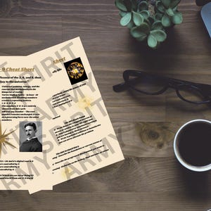 May include: A cream-colored informational sheet titled Power of 3-6-9 Cheat Sheet featuring text, a portrait of Nikola Tesla, geometric diagrams, and star icons. The document explains numerical concepts and patterns with black text on a light background.