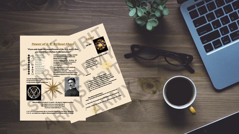 May include: A cream-colored informational sheet titled Power of 3-6-9 Cheat Sheet featuring text, a portrait of Nikola Tesla, geometric diagrams, and star icons. The document explains numerical concepts and patterns with black text on a light background.