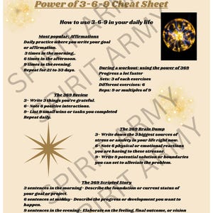 May include: A beige informational cheat sheet titled Power of 3-6-9 Cheat Sheet. It includes instructions for affirmations, workouts, reviews, brain dumps, and scripted stories using the numbers 3, 6, and 9. Features a plasma ball graphic.