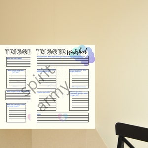 Pu&ograve; includere: Un foglio di lavoro stampabile intitolato "Trigger Worksheet" con sezioni per identificare i trigger, i pensieri, i sentimenti e i meccanismi di coping. Il foglio di lavoro &egrave; progettato per aiutare le persone a comprendere e gestire i loro trigger.