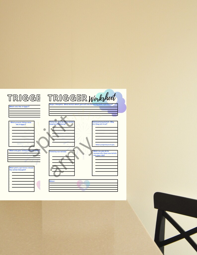 Pu&ograve; includere: Un foglio di lavoro stampabile intitolato "Trigger Worksheet" con sezioni per identificare i trigger, i pensieri, i sentimenti e i meccanismi di coping. Il foglio di lavoro &egrave; progettato per aiutare le persone a comprendere e gestire i loro trigger.