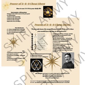 Puede incluir: Una hoja informativa de color beige titulada Power of 3-6-9, que contiene texto sobre afirmaciones diarias, Nikola Tesla y conceptos matemáticos. Incluye una imagen de una bola de plasma, una lista numerada del 1 al 9 y diagramas geométricos.