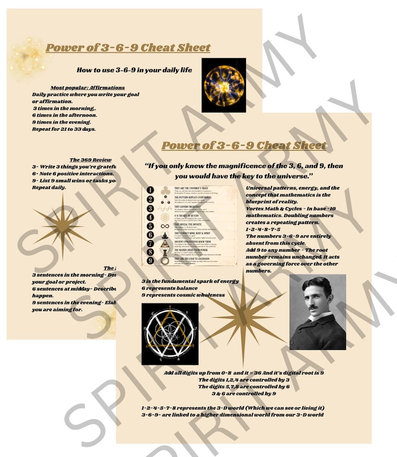 May include: A beige informational cheat sheet titled Power of 3-6-9, featuring text about daily affirmations, Nikola Tesla, and mathematical concepts. It includes a plasma ball image, a numbered list from 1 to 9, and geometric diagrams.