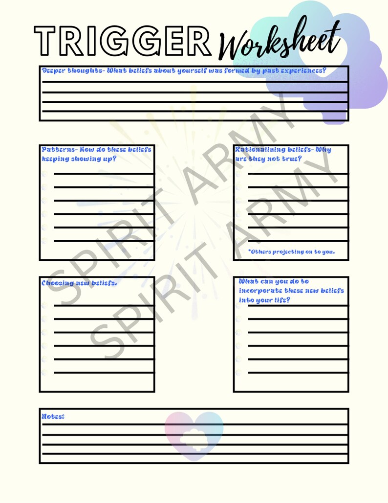 Pu&ograve; includere: Un foglio di lavoro stampabile intitolato "Trigger Worksheet" con sezioni per pensieri pi&ugrave; profondi, schemi, razionalizzazione delle credenze, scelta di nuove credenze e cosa puoi fare per incorporare queste nuove credenze nella tua vita. Il foglio di lavoro ha uno sfondo blu e viola con un cuore bianco nell'angolo in basso a sinistra.