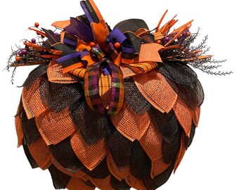 3D Pumpkin Halloween Wreath, Orange Black Deco Mesh, Fall Door Decor