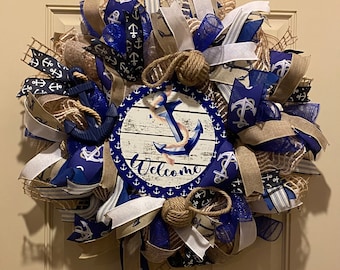 Welcome Nautical wreath,Nautical door hanger,Lake house wreath,Nautical decor,Beach house wreath,Nautical Welcome door decor,Anchor wreath