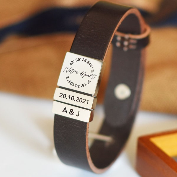 Bracelet couple personnalized coordinates GPS | cadeau anniversaire mariage homme | cadeau homme noce de cuir