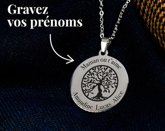 Collier femme personnalisable arbre de vie | Collier personnalisé maman | pendentif arbre de vie acier personnalisé