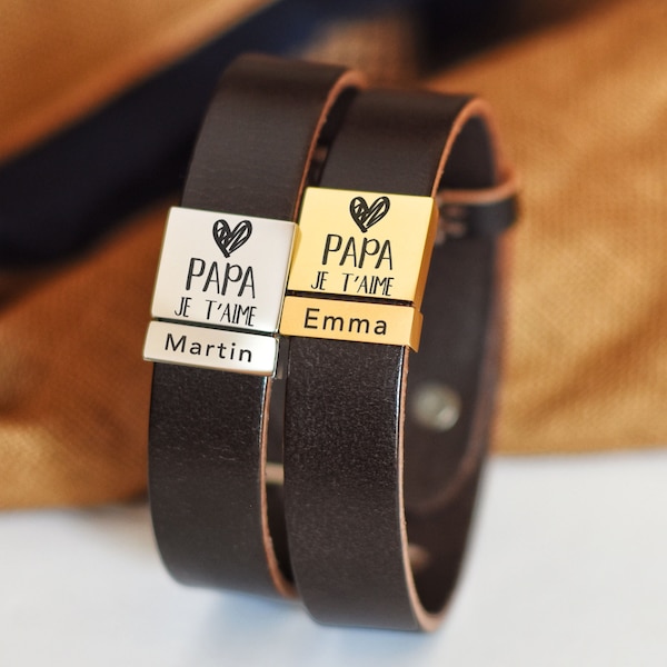 Bracelet leather engraved Personnalsiable pour papa | Cadeau personnalisé fête des pères