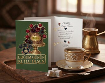 Turkish English Birthday Card Canva Template | Luxury Bilingual Greeting Card & POD Assets |