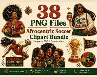 Afrocentric Soccer Clipart Bundle | Black Woman Sports Art, 38 PNG Files