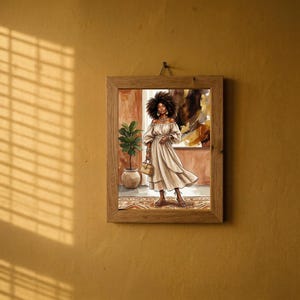 May include: A framed art print depicting a woman in a flowing white dress, holding a purse. The artwork is set in a room with a plant and a window. The frame is made of wood and hangs on a yellow wall.