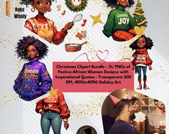 Festive African Woman Christmas Clipart Bundle – Holiday PNGs (Digital Download)
