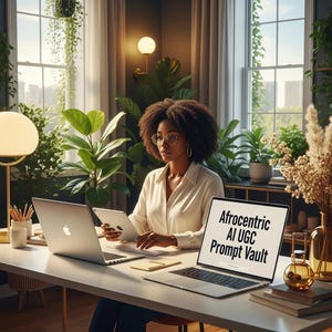 Pode incluir: Uma pessoa trabalha numa secretária com um laptop e um tablet, rodeada de plantas. O ecrã do laptop mostra "Afrocentric AI UGC Prompt Vault". Na secretária também estão um bloco de notas, lápis e uma chávena de café.