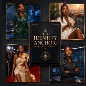 May include: A promotional image featuring a woman in various settings, including a green suit, a white robe, and a gold dress. The central focus is a tablet with the text "THE IDENTITY ANCHOR: MASTER BLUEPRINT". The background is dark with gold accents.