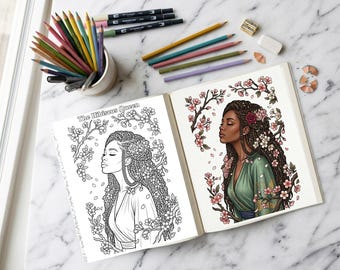 Adult Coloring Book Pages | Black Women Natural Hair Floral Line Art (Digital Download)
