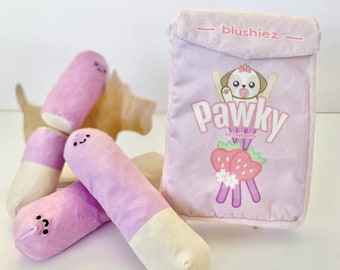 May include: A pink plush pouch with the text "blushiez" and "Pawky strawberry" on the front. The pouch is filled with four pink plush dog chew toys with different facial expressions.