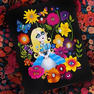 Alice in Wonderland and the Deadly Flowers 8&quot;x10&quot; Gothic Art Print | Psychedelic | Floral | Spooky | Halloween | Spring Art | Cartoon |Comic