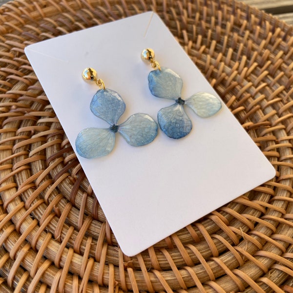 New! Three Petal Blue Hydrangea Earrings