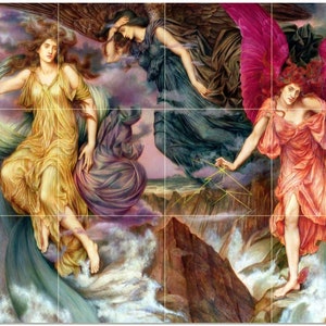 May include: A painting depicting three figures, each with wings, standing on a rocky shore. The figure on the left is wearing a yellow robe and holding a flowing blue fabric. The figure in the center is wearing a blue robe and has her head in her hands. The figure on the right is wearing a red robe and has her wings spread out. The background is a stormy sky.