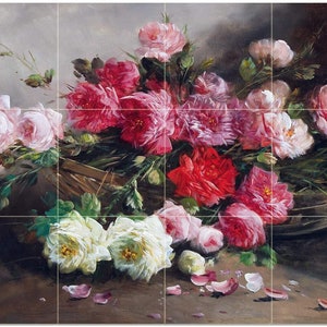 May include: A still life painting of a bouquet of pink and red roses in a wicker basket. The roses are arranged in a vase and are spilling out of the basket. The painting is set against a dark background.