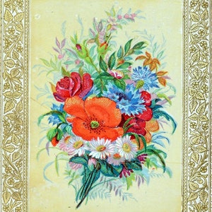 May include: A vintage illustration of a bouquet of flowers in a gold frame. The bouquet includes red, orange, blue, and white flowers.