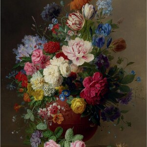 May include: A still life painting of a bouquet of colorful flowers in a terracotta vase. The flowers include roses, tulips, irises, and other blooms. The vase is decorated with a floral pattern.