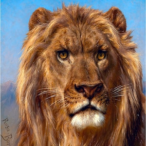 May include: A close-up portrait of a lion with a golden mane against a blue sky background. The lion's eyes are focused on the viewer, and its expression is serious. The artist's signature, "Rosa Bonheur (1822)", is visible in the lower left corner of the painting.